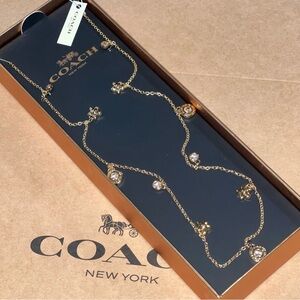 NIB Coach Long Floral Necklace Gold Tone Crystal Charms Tea Rose F54887 Gift